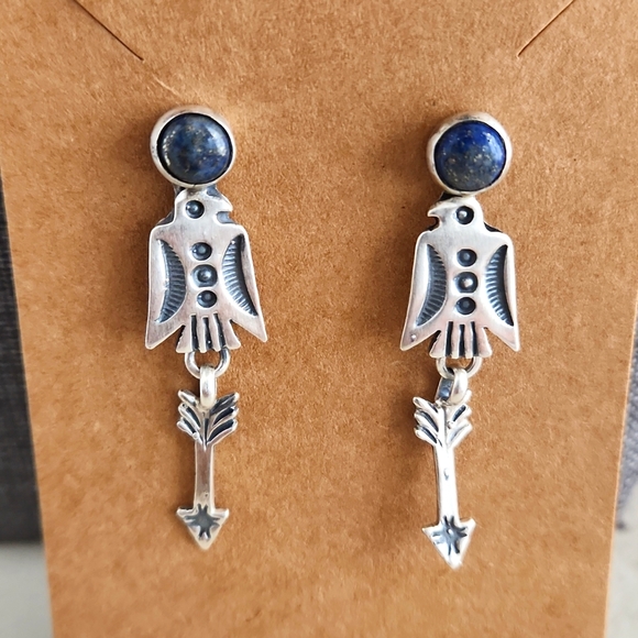 NWOT Native American Navajo Denim Lapis & Sterling Thunderbird Dangle Earrings - Picture 10 of 12